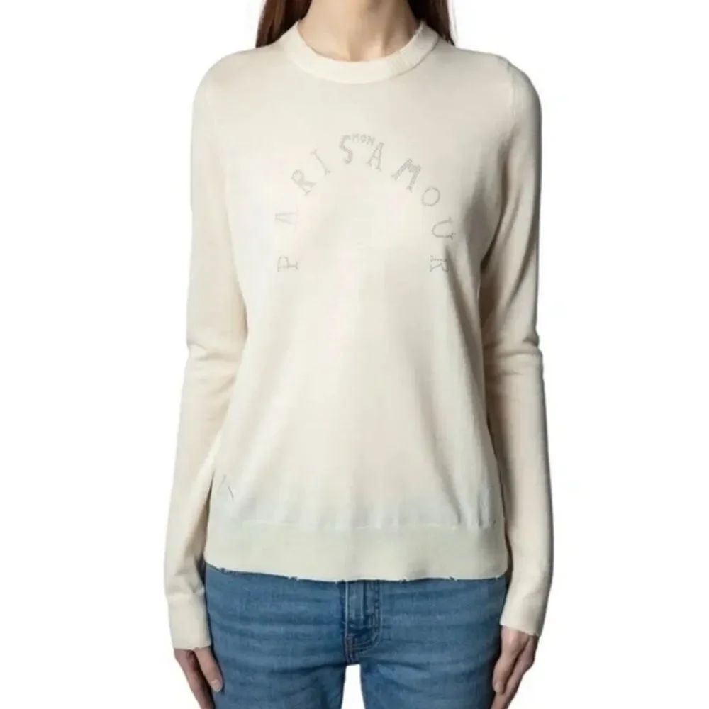 Zadig & Voltaire Miss Paris Strass Distressed Merino Wool Sweater Creme